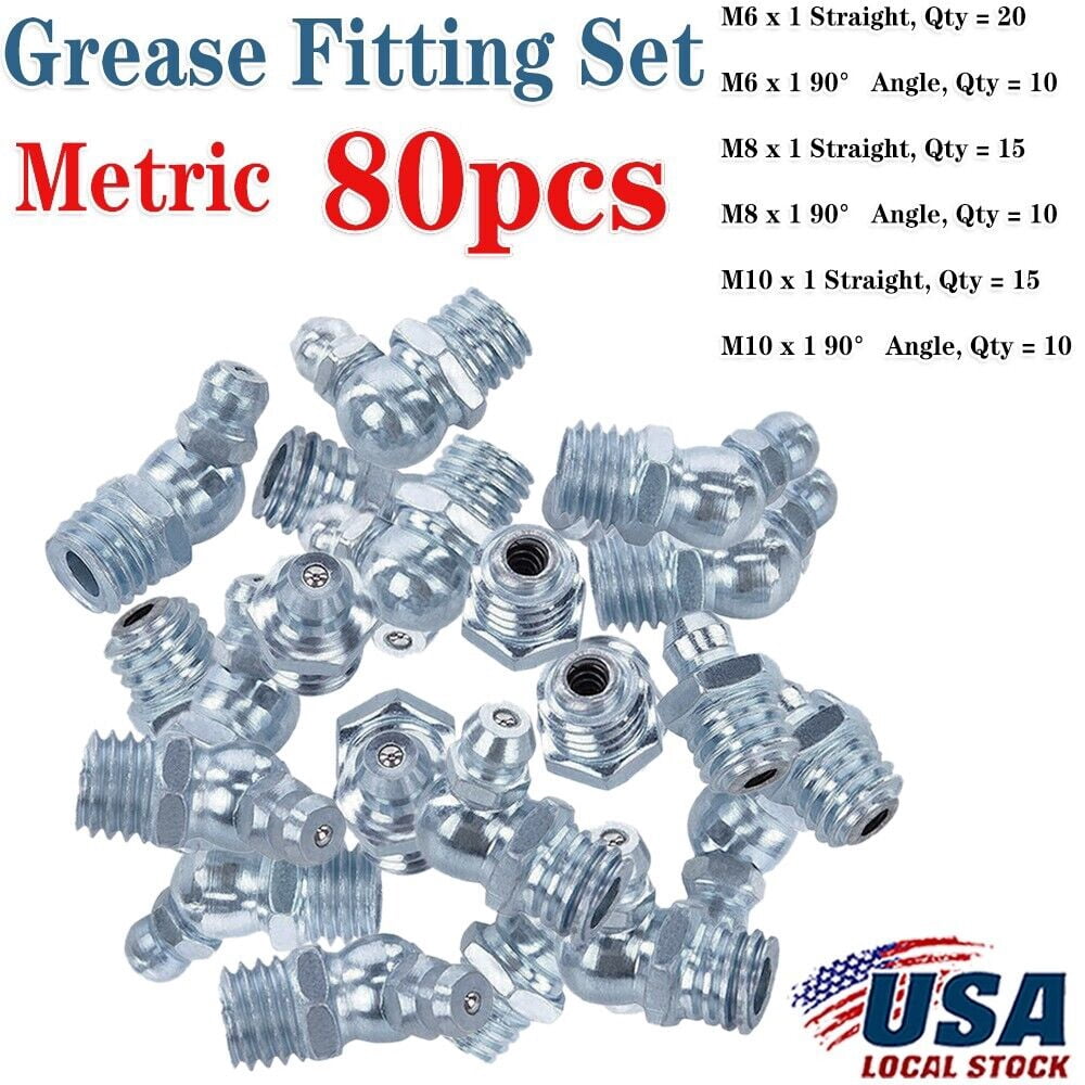 80pc Metric Hydraulic Grease Zerk Zirk Fitting Assortment Kit Straigt 90 Degree