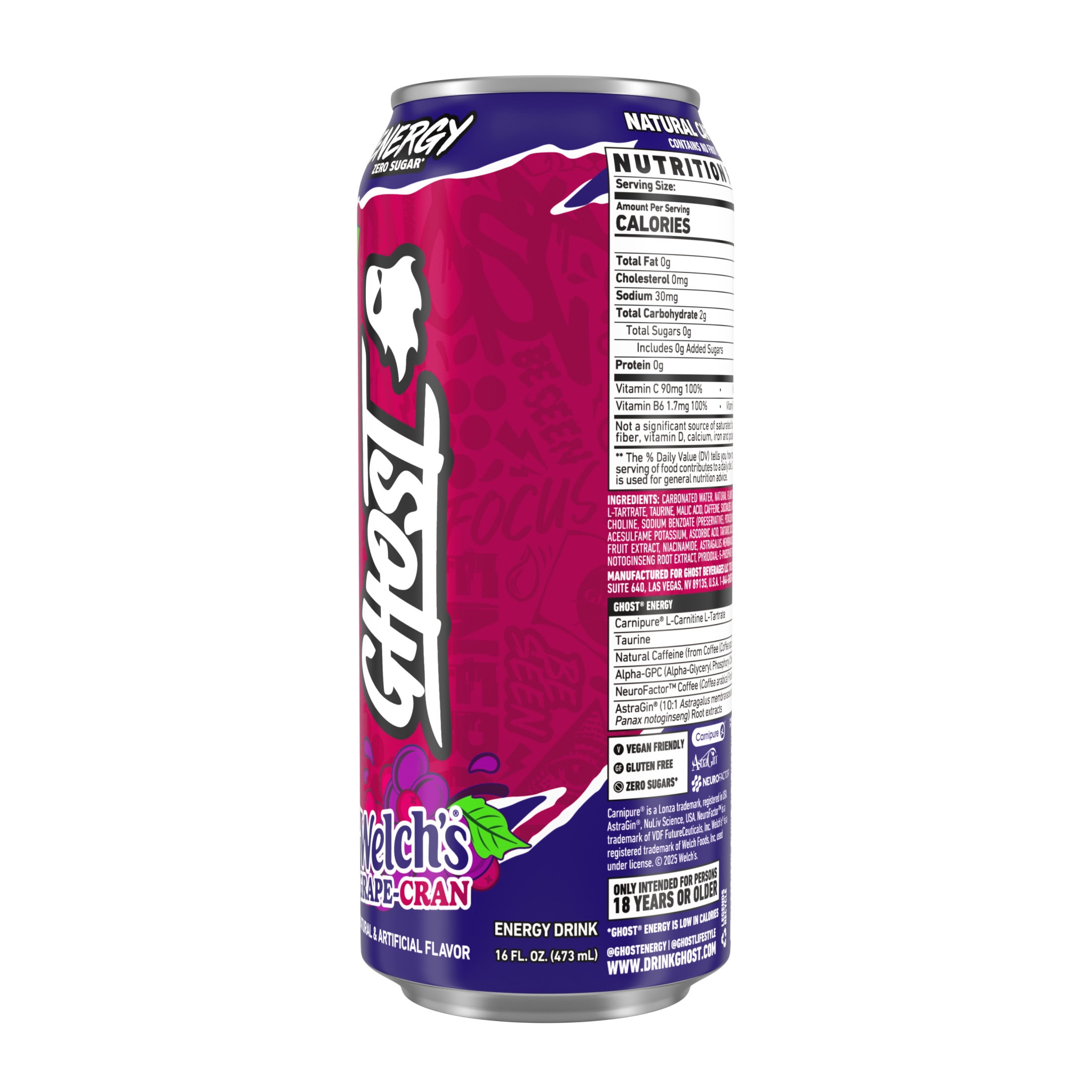 GHOST® ENERGY Zero Sugars Energy Drink, Welch's Grape-Cran, 200mg Natural Caffeine, 16 fl oz Can
