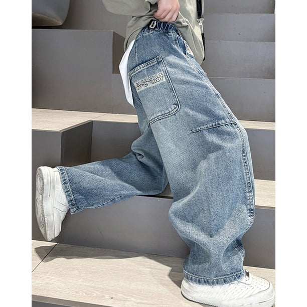 2025 - Jean baggy pour garçon, jeans coupe droite avec poches, taille élastique, jeans déchirés avec trous bébé garçon pantalon 68, bleu, 4-5 ans 2025 - Jean baggy pour garçon, jeans coupe droite avec poches, taille élastique, jeans déchirés avec trous bébé garçon pantalon 68, bleu, 4-5 ans