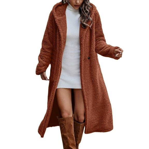 Goindgs Womens Jacket Casual Coat Winter Long Sleeve Solid Color Warm Thick Hooded Cardigan with Pockets Jacket Outerwear Coat Brick Red-L