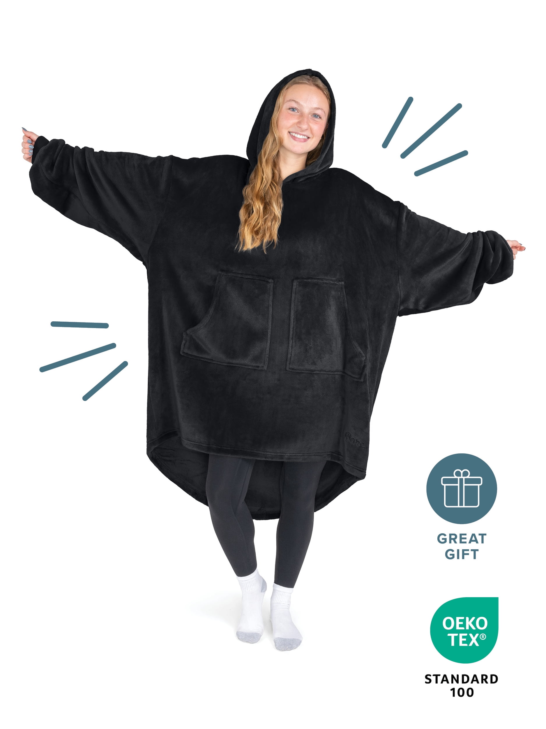 Bare Homey Adult Size Microplush Wearable Blanket, Split Front Pocket, Black