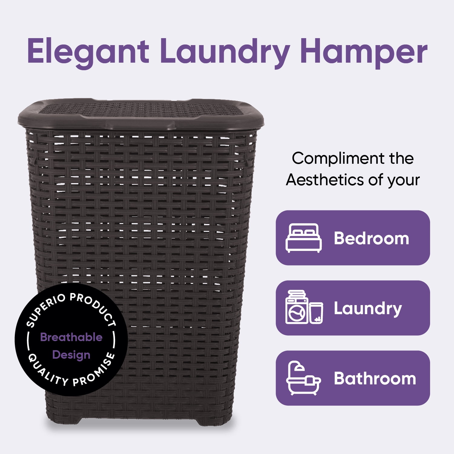 Superio Laundry Basket, Laundry Hamper with Lid, large 60-liter wicker style hamper with cutout handle, to storage dirty clothes in washroom, bathroom, or bedroom, beige.