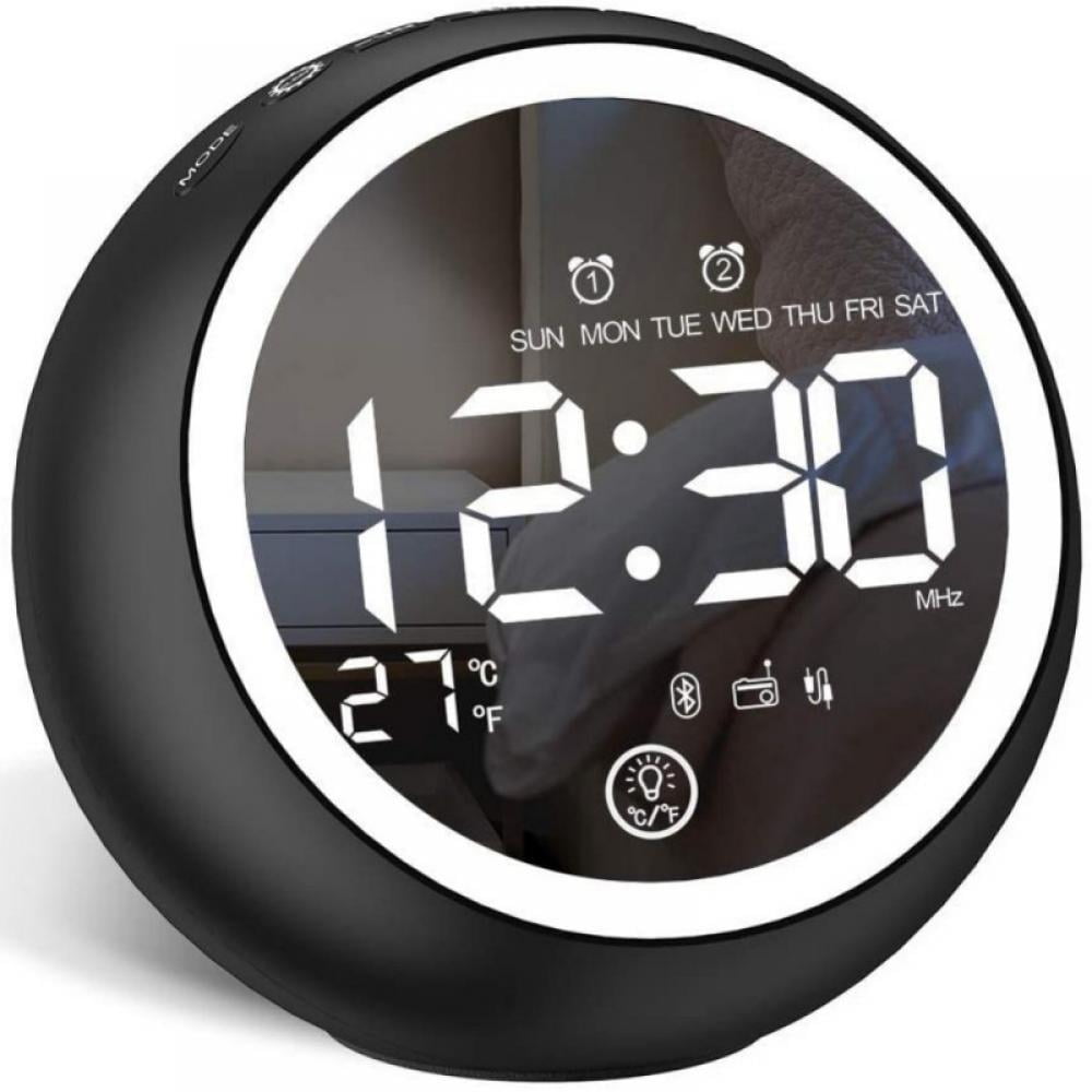 Digital Alarm Clock Radio Bluetooth Speaker 0100 Dimmer Mirror Deck