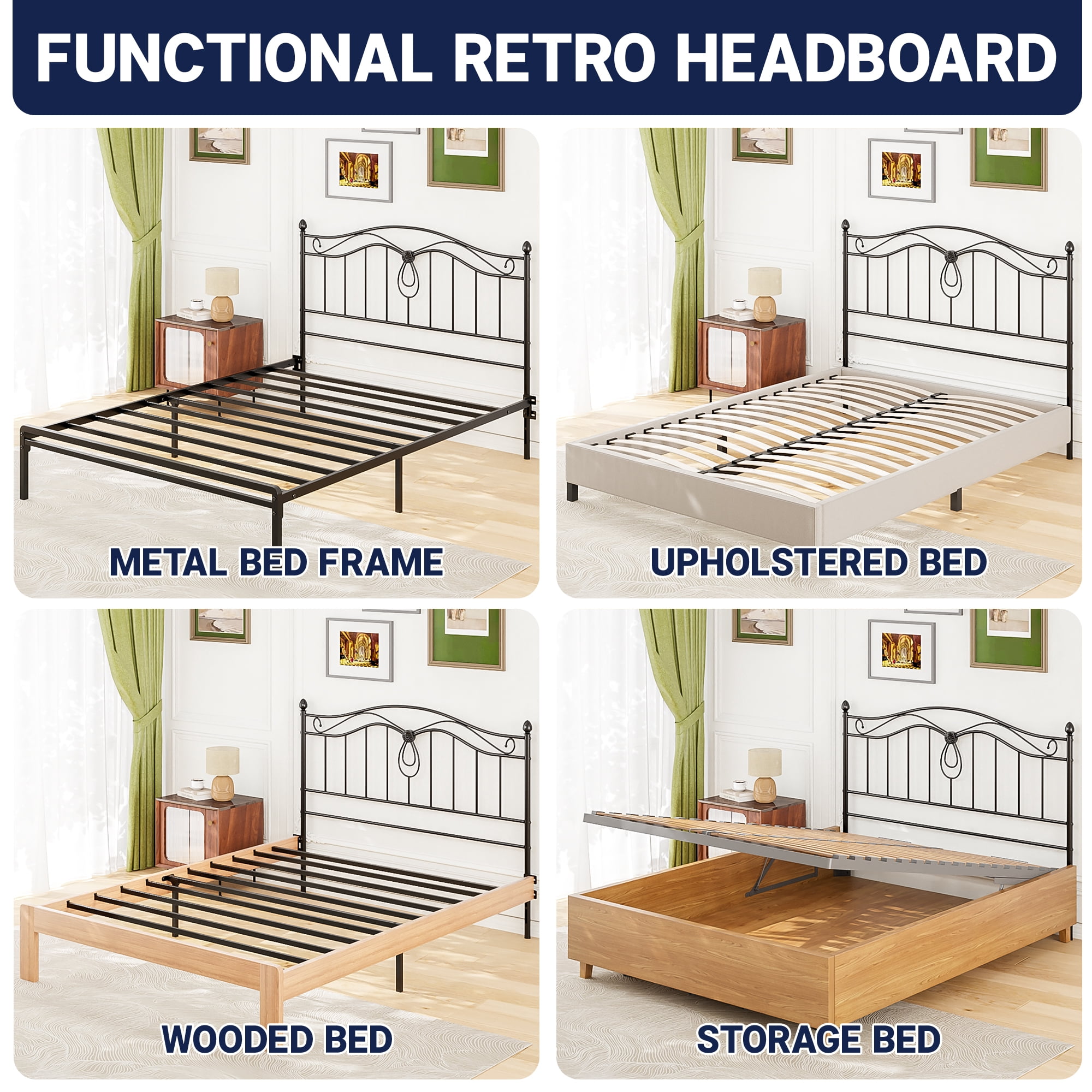 Yoneston Vintage Full Size Metal Headboard with Adjustable Height for Full Beds, Black