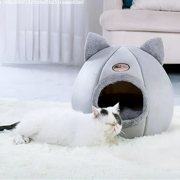 Oxodoi Cat Bed Pet Tent House for Small Dogs, Winter Indoor Washable Soft Warm Nest Foldable Sleeping Mat Pad, Round and Cave Shape Self Kennel Beds House with Cat Ear, 12.59 x12.59 x13.77inch