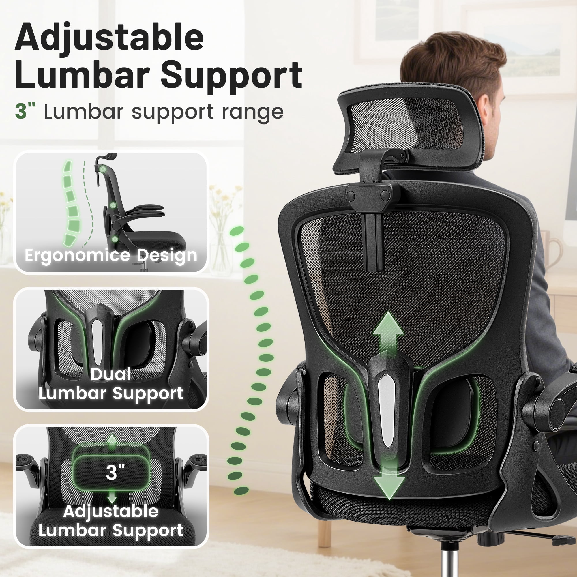 ATHOPE Office Chair, Ergonomic Desk Chairs 300LBS Capacity High Back Mesh Computer Chair with Flip-up Armrests, Comfy Work Chair with Adjustable Lumbar Support Headrest for Home Office, Black