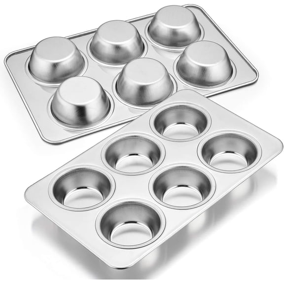 2 Pack 6 Cup Muffin Pan Stainless Steel Cupcake Tin Baking Tray Non Toxic Dishwasher Safe