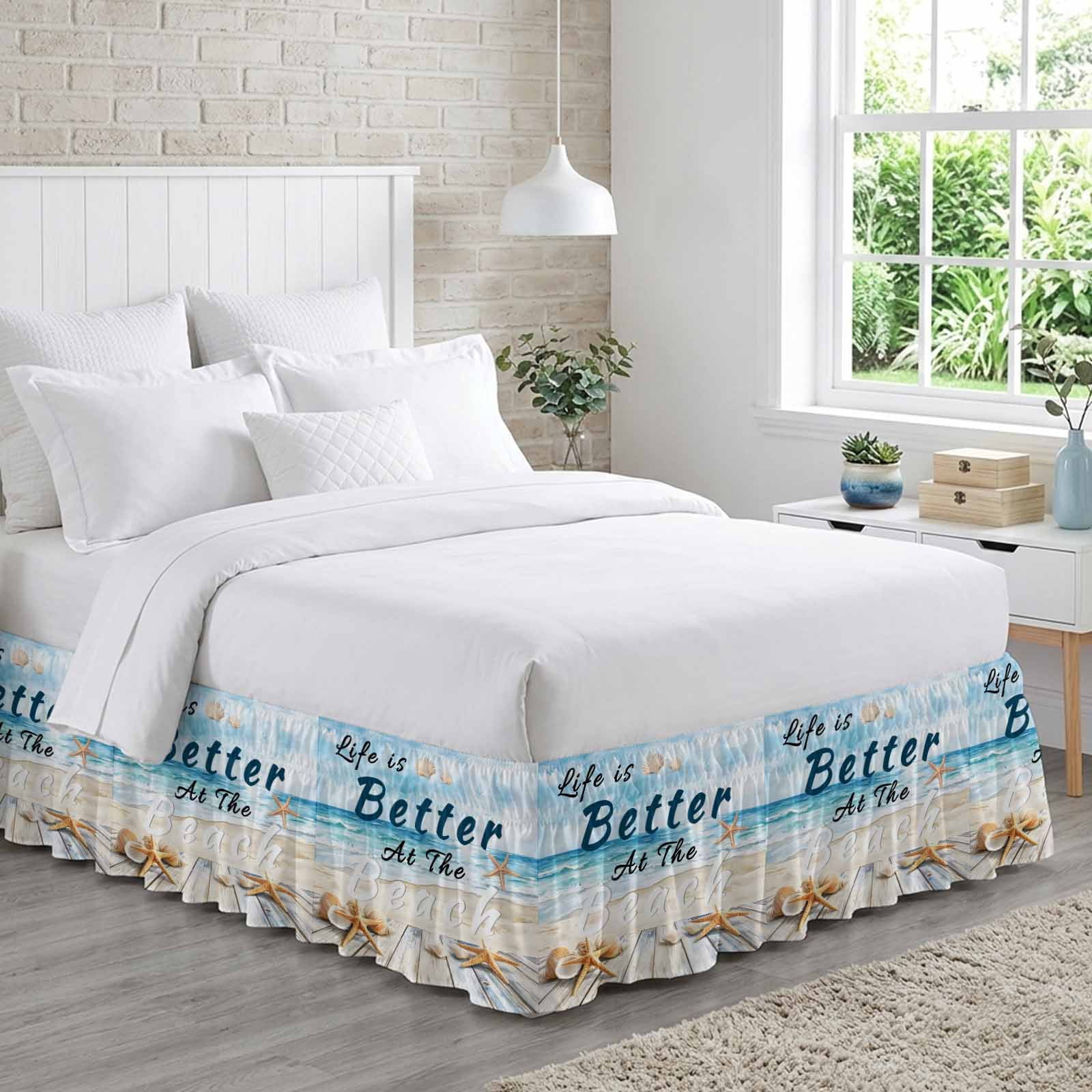 Summer Coastal Beach Bed Skirt Queen Size 16 Inch Drop, Adjustable & Elastic Wrap Around Bed Skirts Pleated Luxury Dust Ruffles For Twin Full Queen Cal King Base Beds, Ocean Wave Starfish Shell