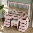 thumbnail image 2 of 11 Drawers Vanity Desk, Makeup Vanity with Power Outlet, Vanity Table with Mirror and LED Bulbs, 3 Color Lighting Modes, Glass Top, Dressing Table for Bedroom, 2 of 7