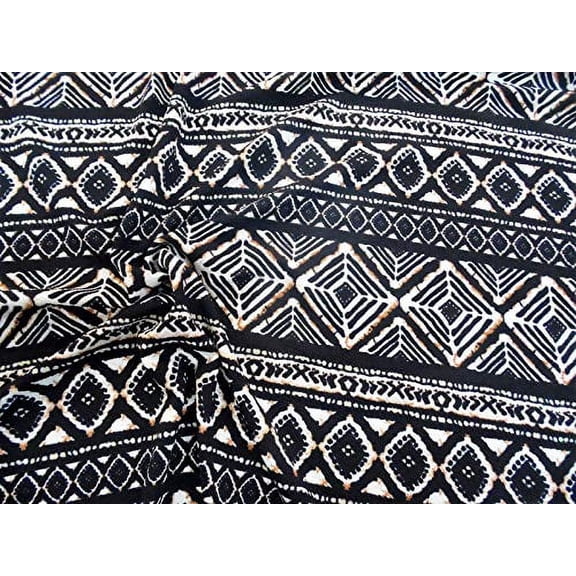 Fabric Printed Liverpool Textured 4 Way Stretch Aztec Black Brown Ivory K302