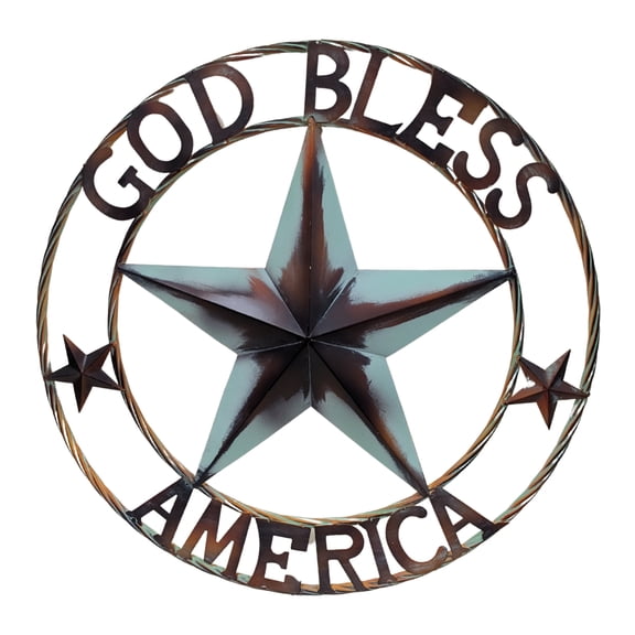 2-tone Rust Patina Metal Star Outdoor 24 in. Circle with God Bless America for Western Wall Hanging Decoration - Large Rustic Lone Star Wall Decor for Outside Barn Décor