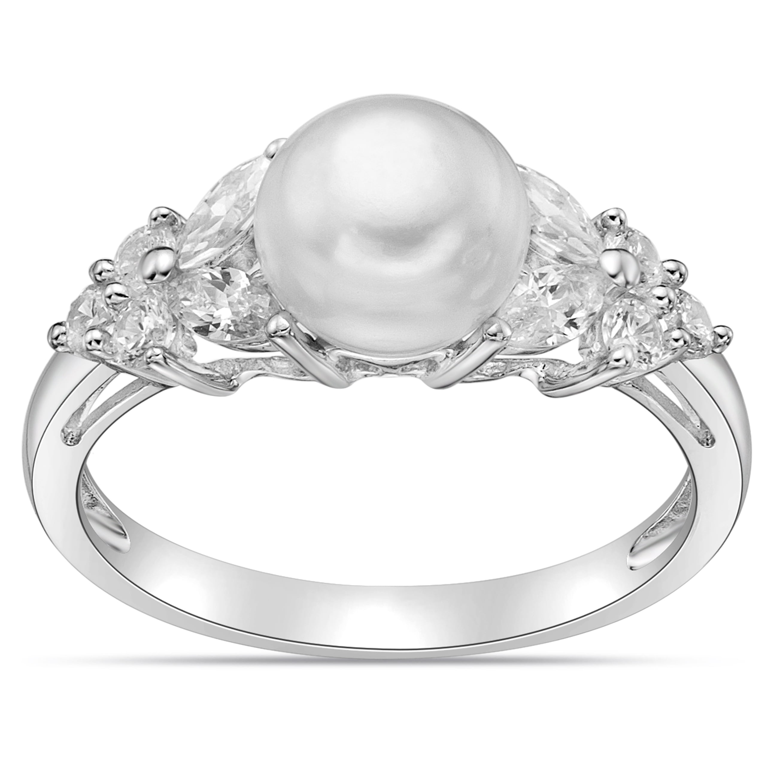 Brilliance Fine Jewelry Women's Sterling Silver and Freshwater Pearl with  white Cubic Zirconia Ring