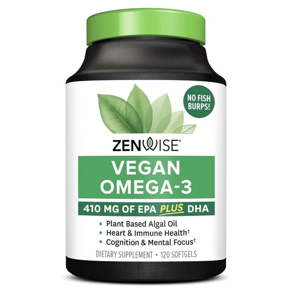 Zenwise Health Vegan Omega 3 Supplement for Women and Men from Marine Algae Oil with DHA & EPA - Plant Powered Fish Oil Alternative, Sustainably Sourced for Eye & Joint Health - 120 CT