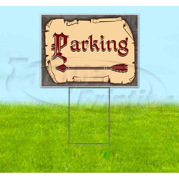 Medieval Fair Parking Left Arrow Red Scroll (18" X 24") Yard Sign, Includes Metal Step Stake