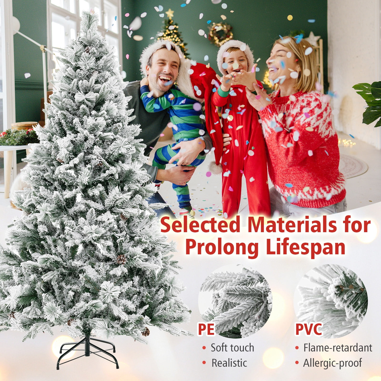 Topbuy 7ft Pre-lit Artificial Christmas Tree, Snow Flocked with