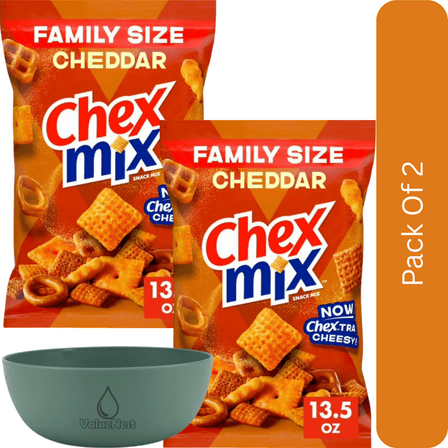 Chex Mix Cheddar Snack Mix, Family Size, 13.5 oz-2pk,With Olive Green Bowl By ValueNest