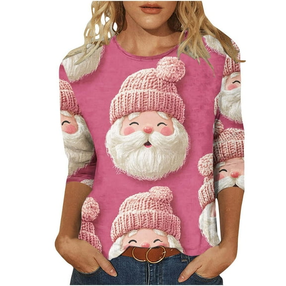 Womens Christmas T Shirts Funny Seasonal Santa Tees 3/4 Sleeve Round Neck Fall Tops Tshirts Fall Fashion Must Haves My Items