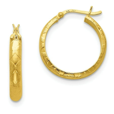 Sterling Silver 4 x 25mm Gold-flashed Textured Bamboo Hoop Earrings (0.8IN Long)