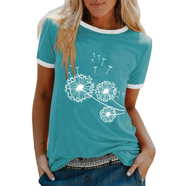 Cathalem Hauts à Manches Courtes Col Rond pour Femmes Tunique Rayée Manches Courtes - T-Shirt Col Rond Blouses, Bleu TG