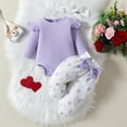 thumbnail image 2 of Odeerbi 0-18 Months Infant Girls Valentines Day Outfits Layette Set Cotton Bodysuit Sweatpants with Headband Three Piece Set Solid Color Jumpsuit Bow Love Pants Infant Girls Clothes, 2 of 9