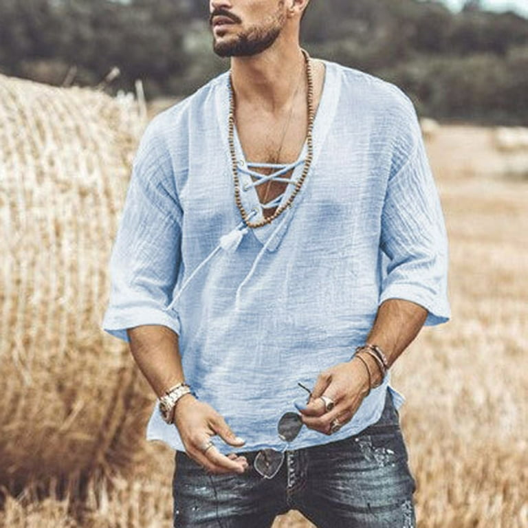 Lumtrix Men's Shirt 3/4 Sleeve V Neck Casual Lace Up Hippie Beach