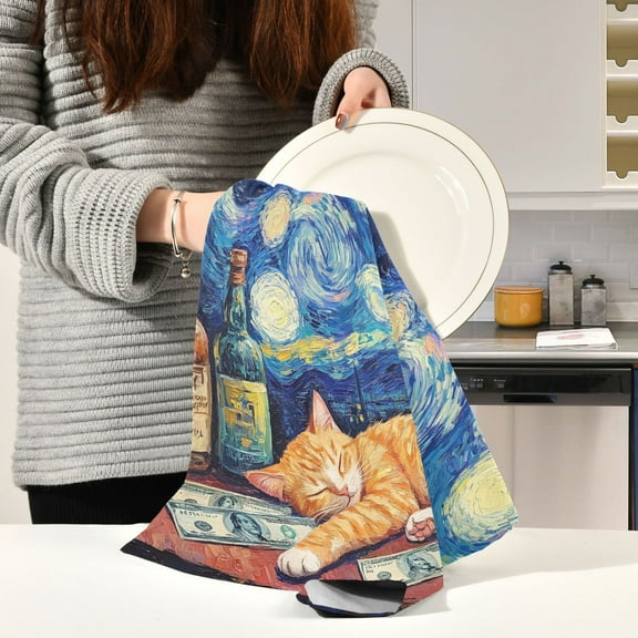 BZSMCE Kitchen Towels Creative Sleeping Cat Pattern Pattern Durable Kitchen Towel