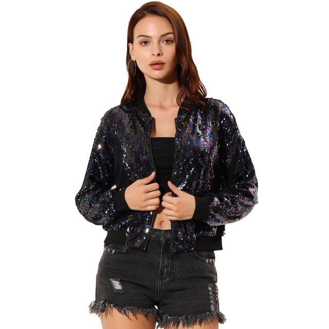 Chaqueta De Bombardero De Lentejuelas Con Cremallera Y Manga Larga Recortada Con Purpurina Para Mujer Negro Lentejuelas Symphony azules y moradas S