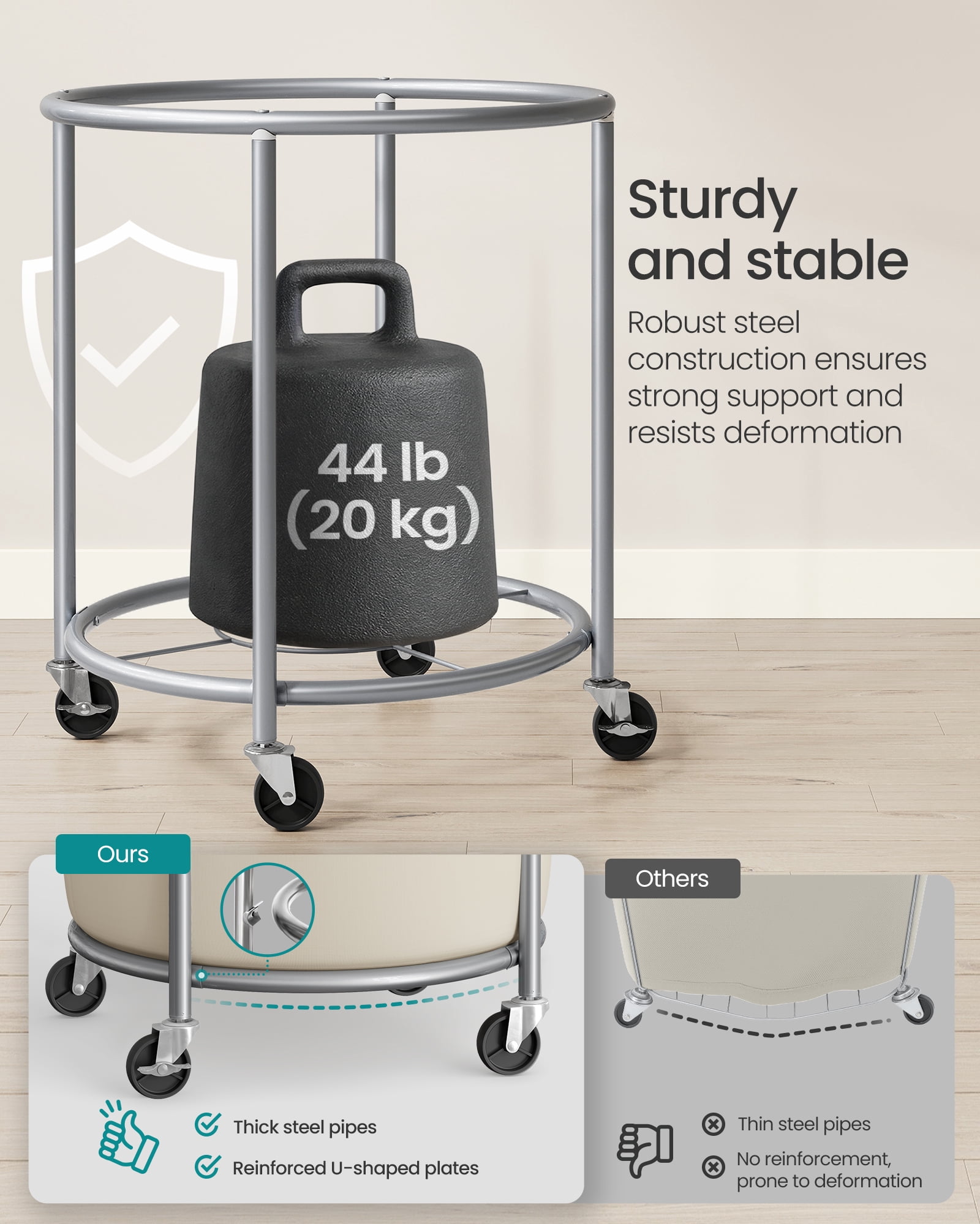SONGMICS 29-Gallon (110 L) Laundry Basket with Wheels, Rolling,with Steel Frame and Removable Bag, 2 Locking Wheels, Dove Gray and Cream White