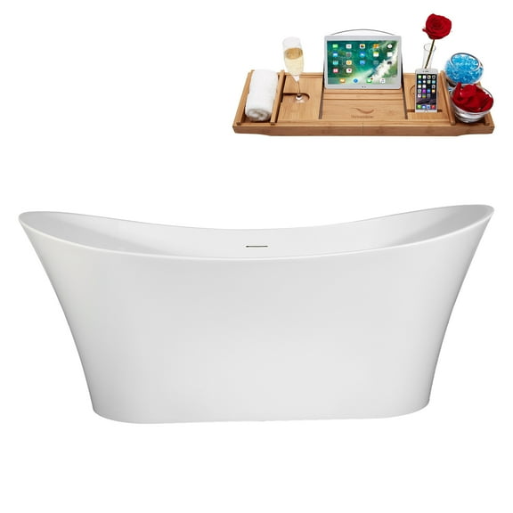 67" Streamline B-320-93-BNK Soaking Freestanding Tub and Tray With Internal Drain in Brushed Nickel