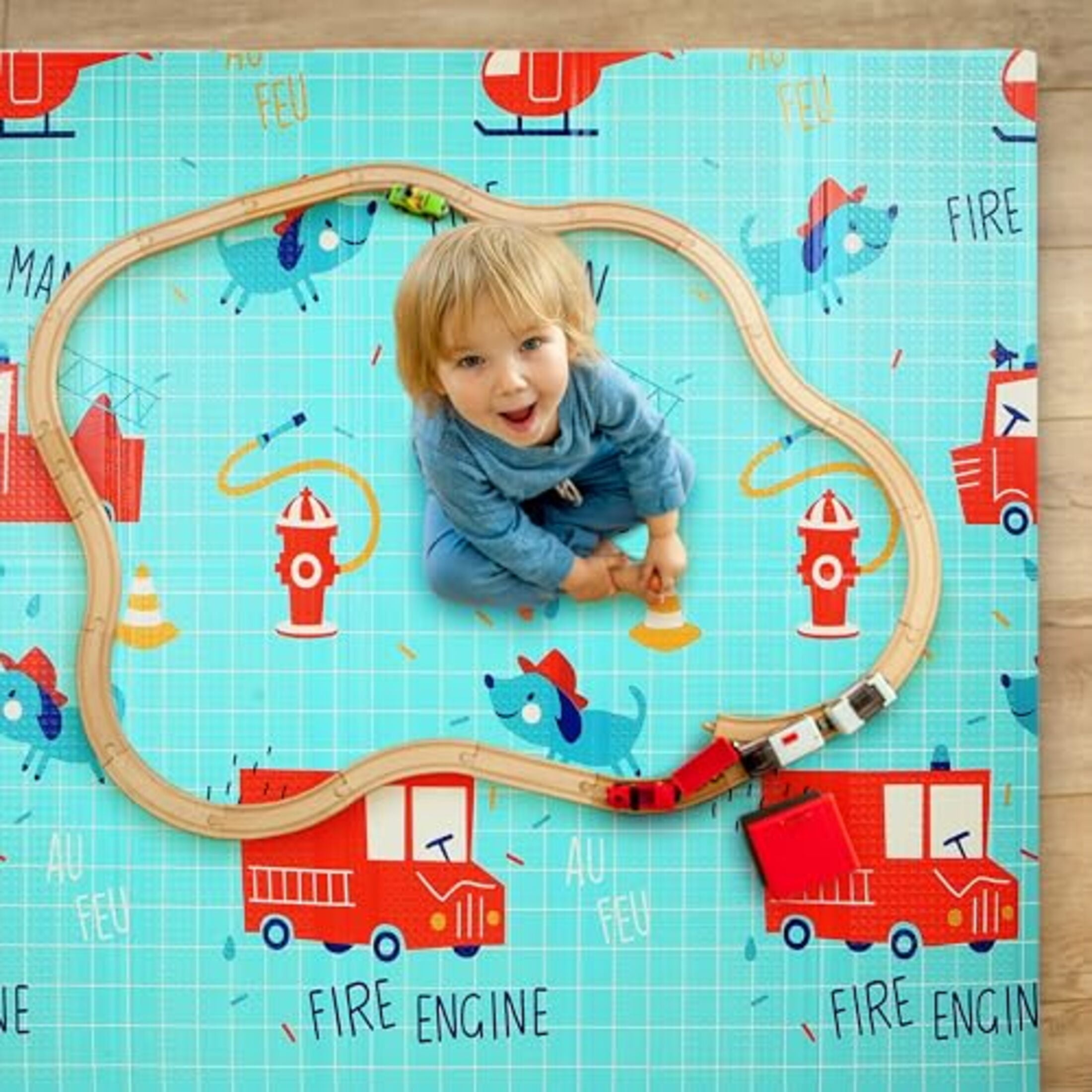 Bammax Extra Large 78" x 70" x 0.4" XPE Foam Baby Play Mat with Travel Bag | Waterproof, Foldable & Reversible Padded Playmat | Baby Crawling & Kids Play Mat – Giftable Design, Cars & Fire Engine