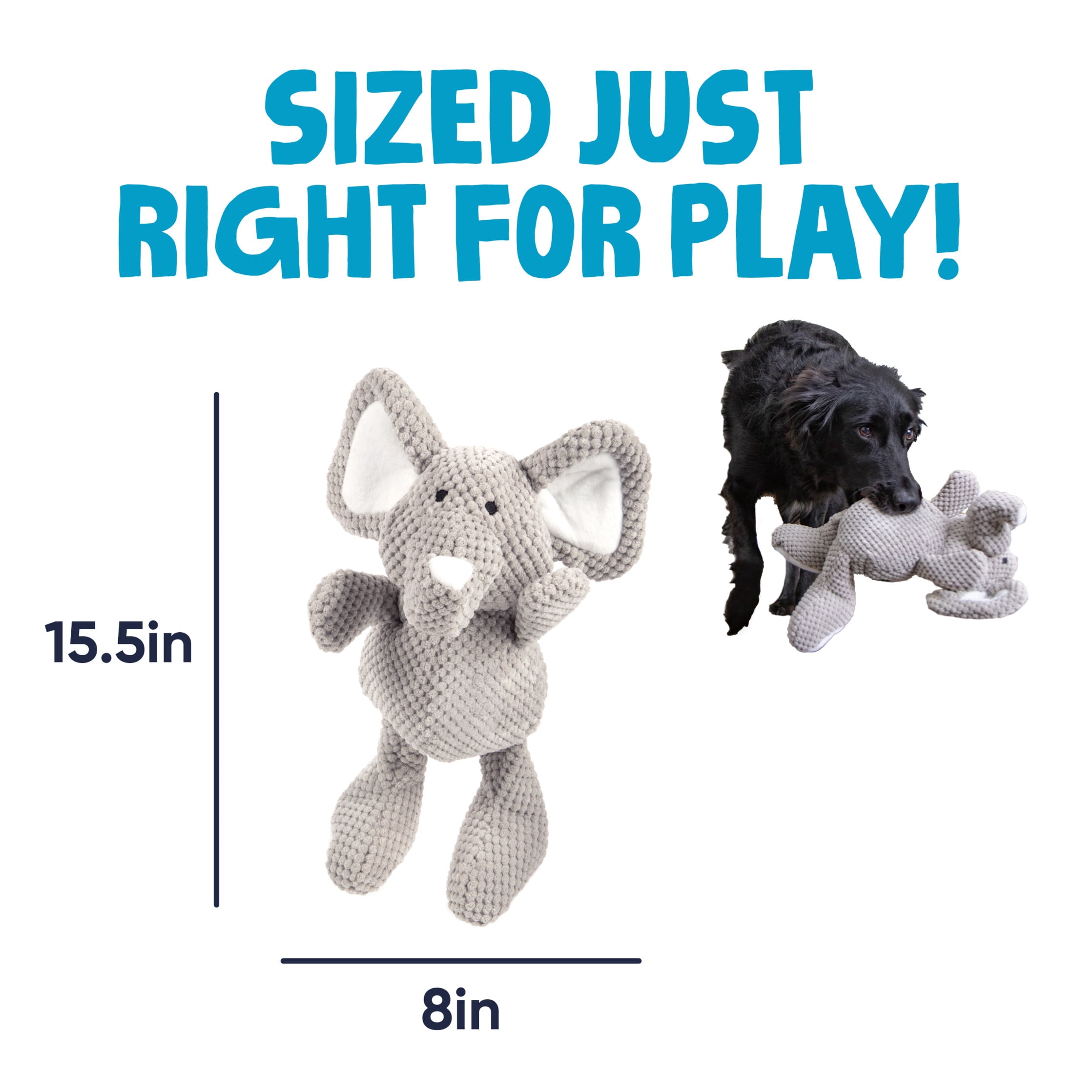 goDog Checkers Elephant Tough Plush Toy with Chew Guard Technology, Durable Checkered Fabric & Squeaker for Active Play, Gray, Large