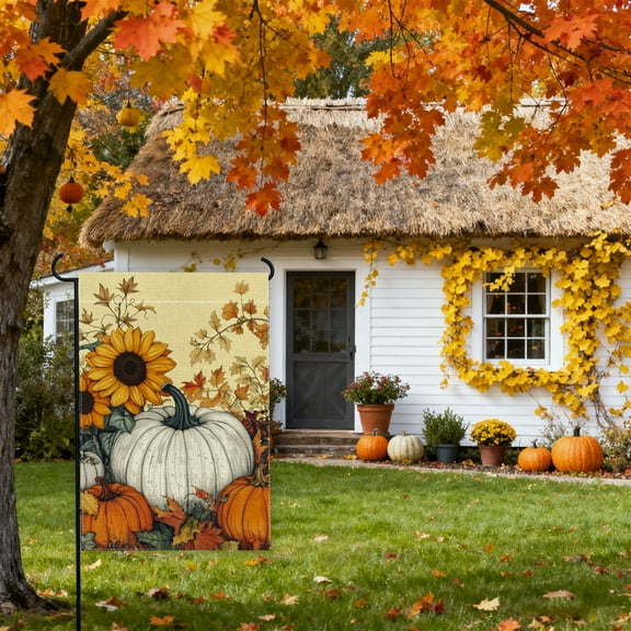 Fall Welcome Garden Flag, 12x18 Inch Thanksgiving Double Sided Burlap Autumn Sunflower Pumpkin Garden Flag, Harvest Pumpkin Farmhouse Small Fall Thankful Yard Flag for Outside Decoration