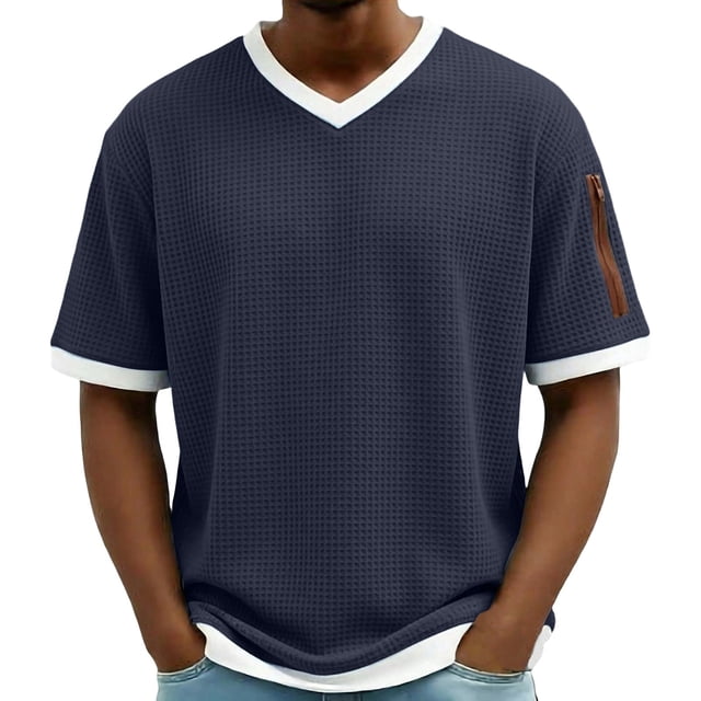 Hombro Frío Tops Hombres de Malla Respirable Manga Corta Cuello en V Color Sólido Suéter Superior