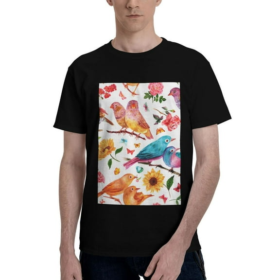 Bingfone Flowers Birds And Butterflies Men'S Loose Fit Short-Sleeve Pocket T-Shirt
