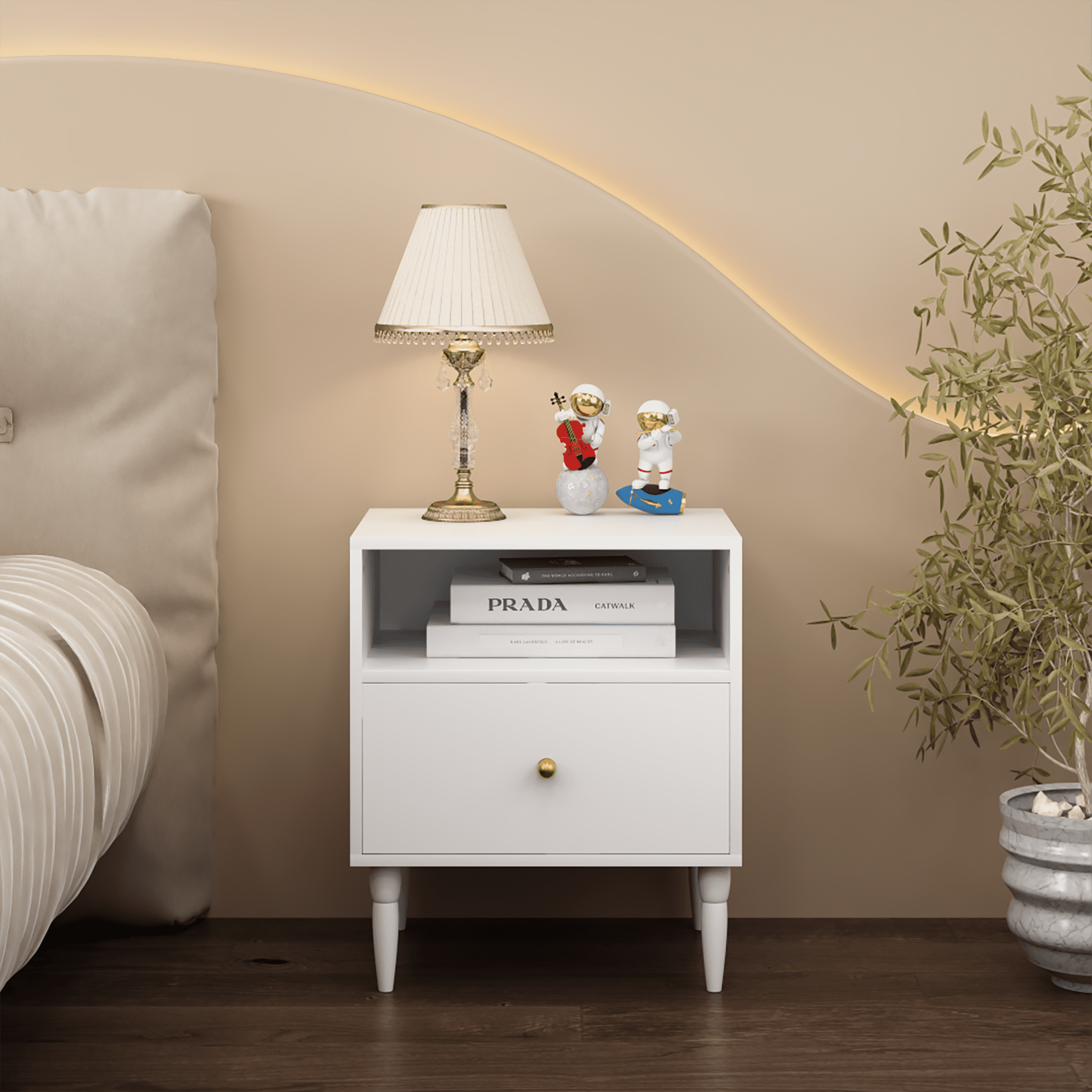 White Nightstand with Drawer and Open Shelf, MDF Bedside Table with Gold Knob, 19.69 in x 15.75 in x 23.62 in