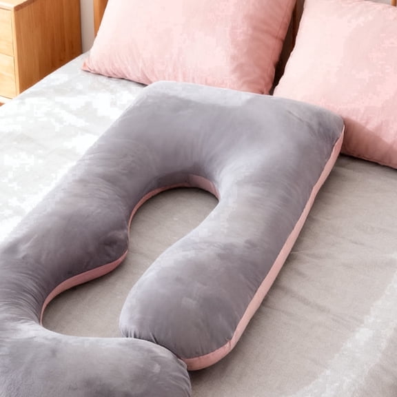 J-Shaped Pregnancy Pillow, Ergonomic Full-Body Maternity Pillow, Breathable, Pink and Gray