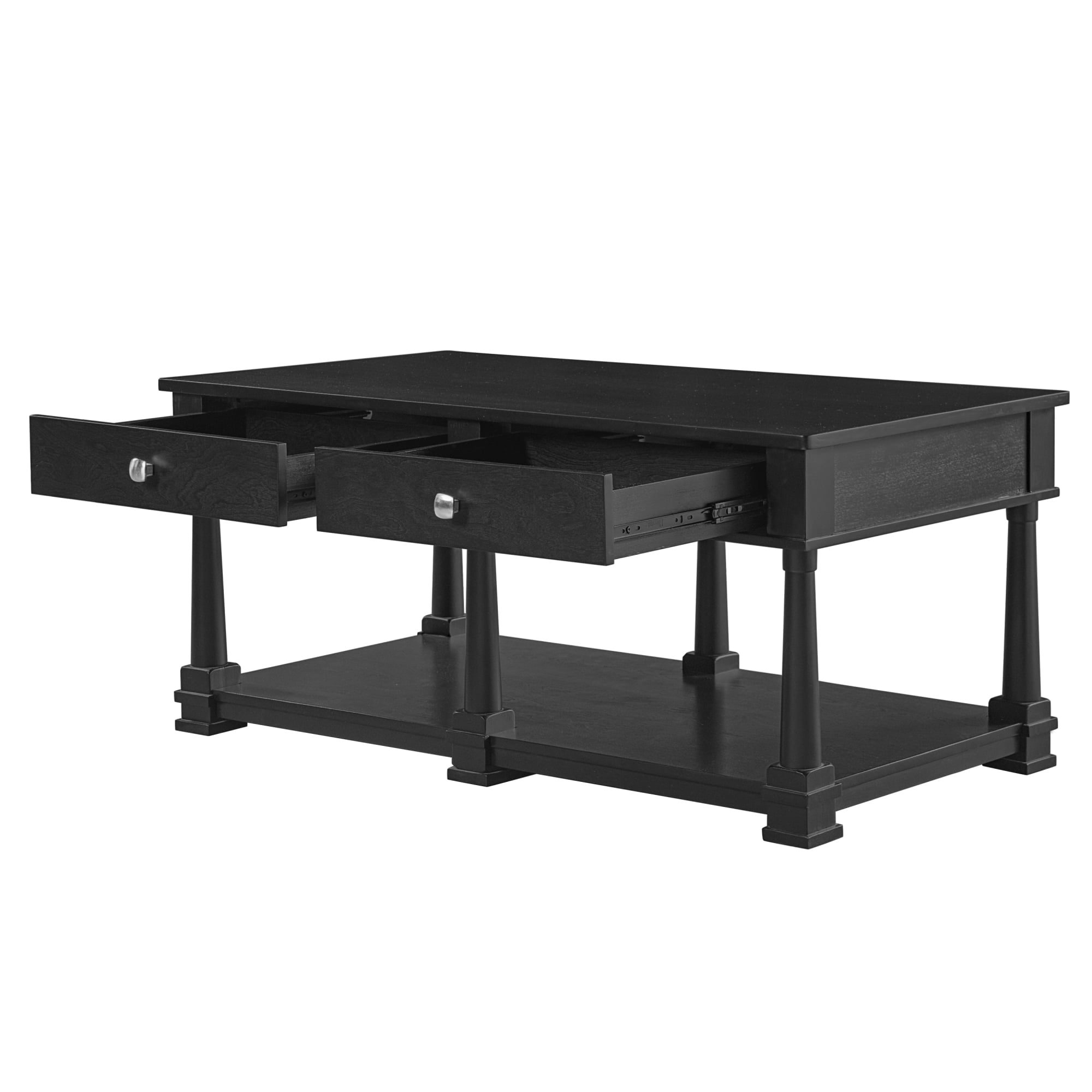 Leumius Farmhouse Coffee Table with 2 Storage Drawers & Lower Open Shelf, Rectangular Cocktail Table with Solid Wood Legs for Living Room Black