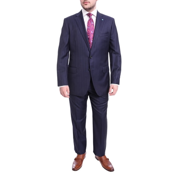 Blujacket Classic Fit Navy Blue Pinstriped Two Button Half Canvassed Wool Suit