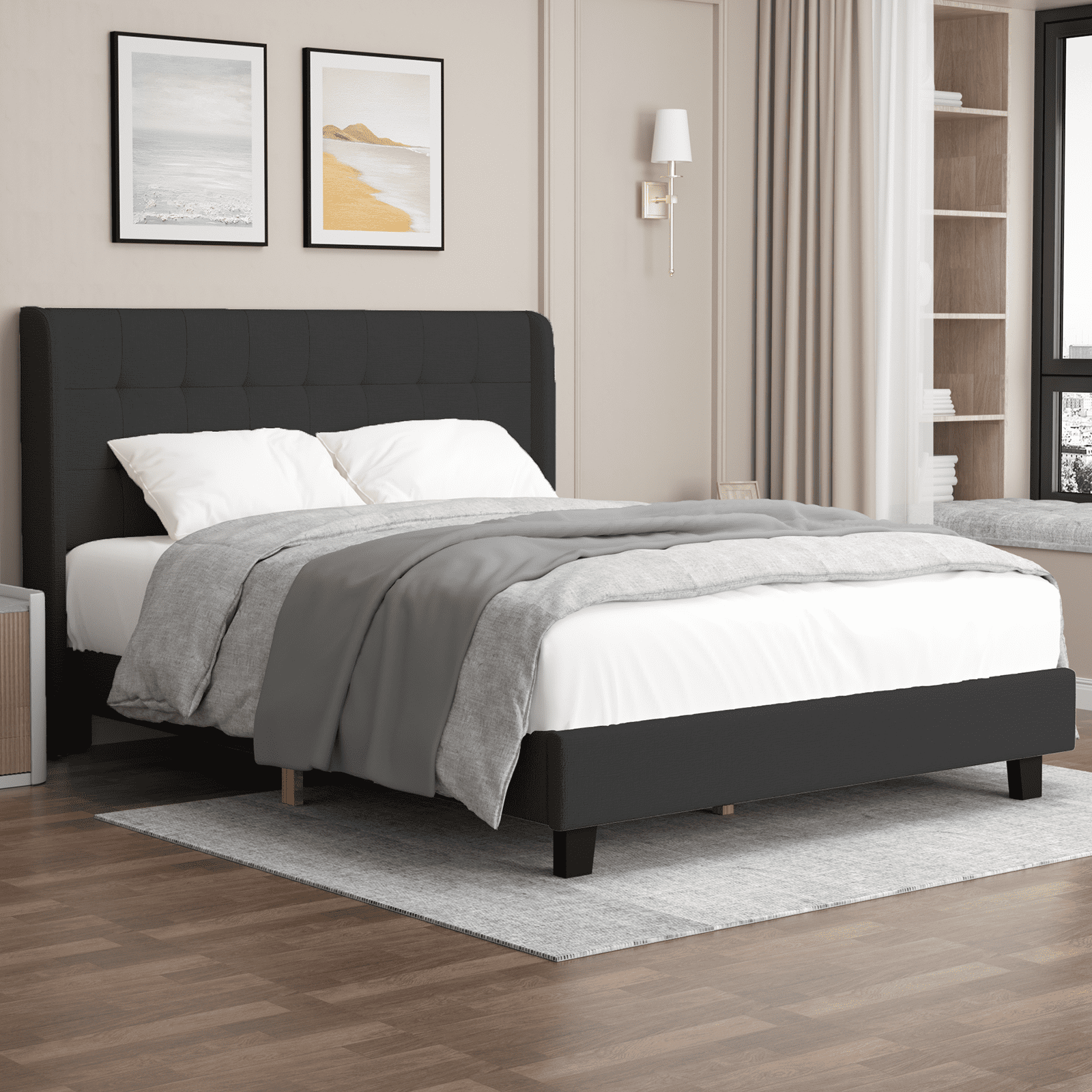 Nathaniel Home, Cotton Linen Beds, Queen Beds Frame, Tufted Upholstered Bed with Wingback, Low Profile Platform Beds, Strong Wooden Slats, Black Adult