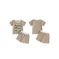 thumbnail image 2 of BemeyourBBs Toddler Baby Boys Summer Clothes Waffle Knit 2 Piece Outfits Excavator Truck Vehicles Embroidery Short Sleeve T Shirt Tops and Pockets Shorts Set, 2 of 9