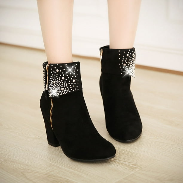 Abcnature Women Middle Mid Calf Boots Ladies Boots Winter Warm Boots  Rhinestone Plus Size Women's Boots Women's Shoes Black 41