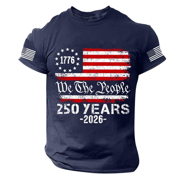 CIENVNSTG Mens Patriotic Crew Neck T Shirt 4th of July 250th Anniversary USA Flag Print 1776-2026 Short Sleeve Casual Fit for Holiday Events Navy S