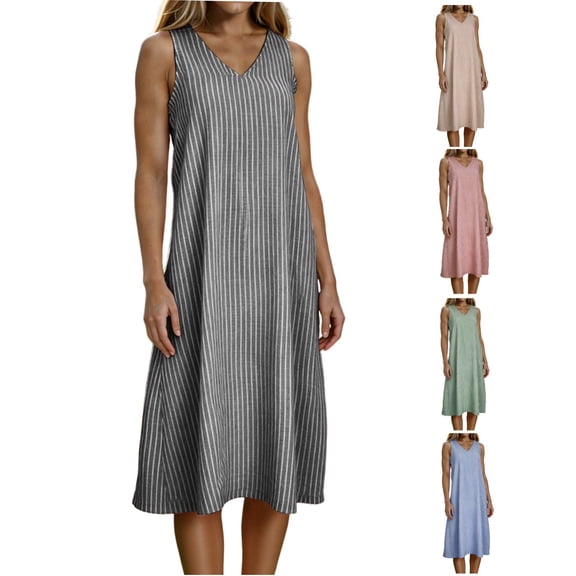 CHGBMOK Womens Striped Maxi Linen Dress V Neck Casual Sleeveless Long Dress Flowly Beach Vacation Casual Dress