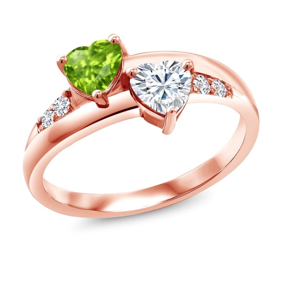 Gem Stone King 18K Rose Gold Plated Silver Solitaire Ring Heart Shape Green Peridot and Moissanite (1.00 Cttw, Size 9)