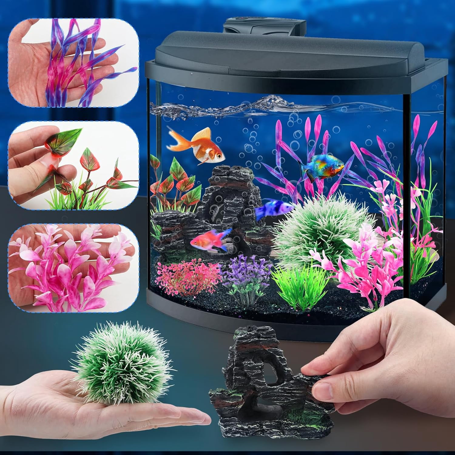 Fish Tank Accessories, Aquarium Plastic Plants and Cave Rock Decorations Set