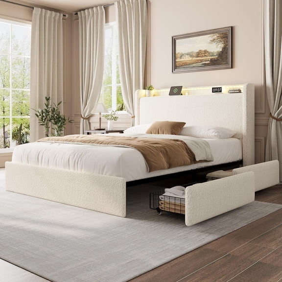 Queen Size Boucle Bed Frame with Charging Station and LED Lights Platform Upholstered Bed Frame with 4 Storage Drawers and Storage Headboard No Box Spring Needed Wood Slats Noise-Free Beige