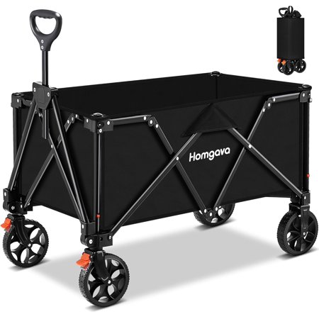 Collapsible Folding Wagon Cart, Large Capacity Camping Wagon, All-Terrain Foldable Wagon, Heavy Duty Utility Wagon Cart with Brakes for Grocery Outdoor Beach Gardening Shopping Fishing Black