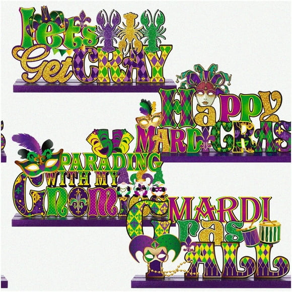 Mardi Gras Magic : Ensemble de 4 Panneaux en Bois Masquerade Gnome Crawfish - Centres de Table et Ornements Vibrants. Élevez Votre Fête Mardi Gras avec des Accessoires Style Authentique New Orleans et une Décoration de Bureau!