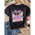 thumbnail image 1 of Camiseta de regreso a clases para niñas: adorable diseño de personaje de dibujos animados con fondo a cuadros, lazo rosa con la letra F, camiseta holgada de algodón transpirable para primavera y vera, 1 of 7
