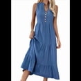 thumbnail image 2 of Vestido Camisero Sin Mangas de Verano 2025 para Mujer, Cuello en V, Informal, Midi, Azul, Talla XL, 2 of 10